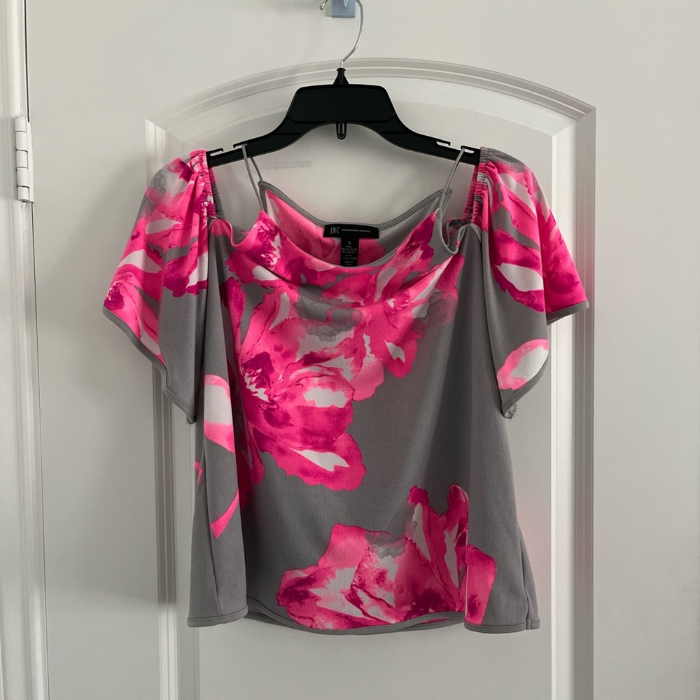 INC International Concepts Pink and Gray Ruffled Blouse